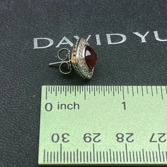 David Yurman Sterling Silver Garnet Stud Earrings with Pave Diamonds - Picture 4 of 12